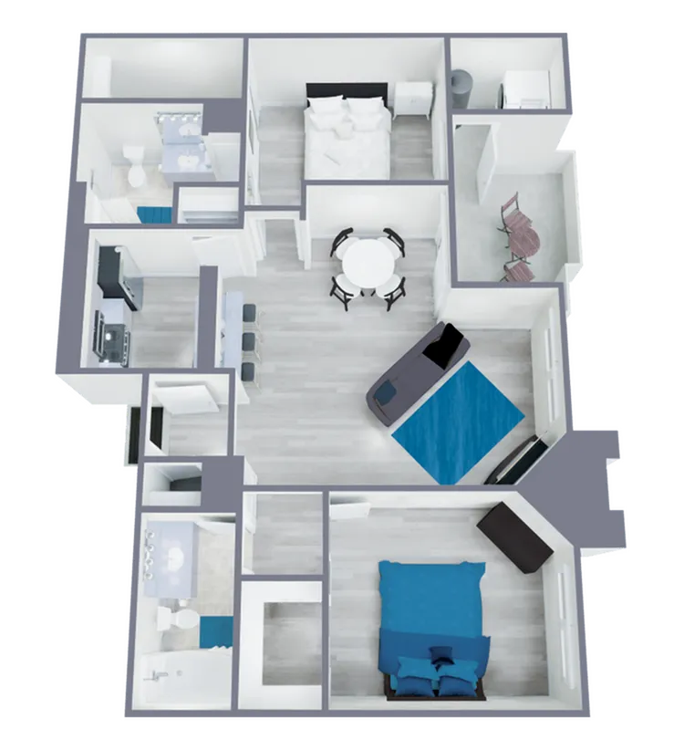 B1 Renovated floor plan featuring 2 bedrooms 2 bathrooms
