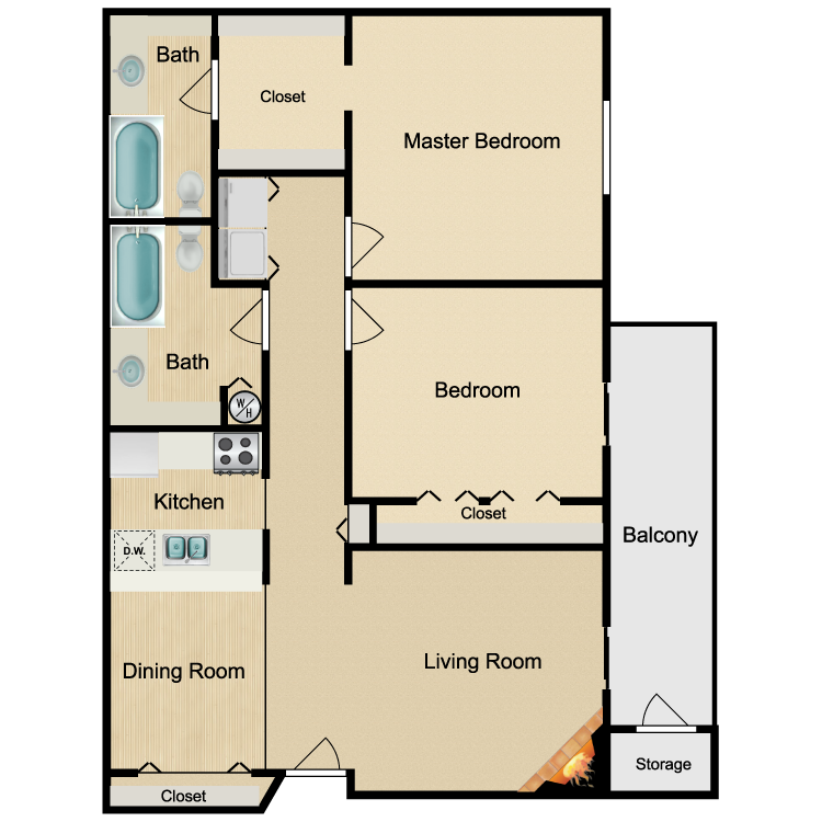 B2 Classic floor plan featuring 1 bedroom 1 bathroom