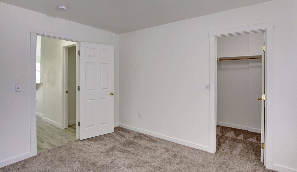 Bright bedroom with plush carpet, open closet, and a doorway leading to a sunlit hallway.
