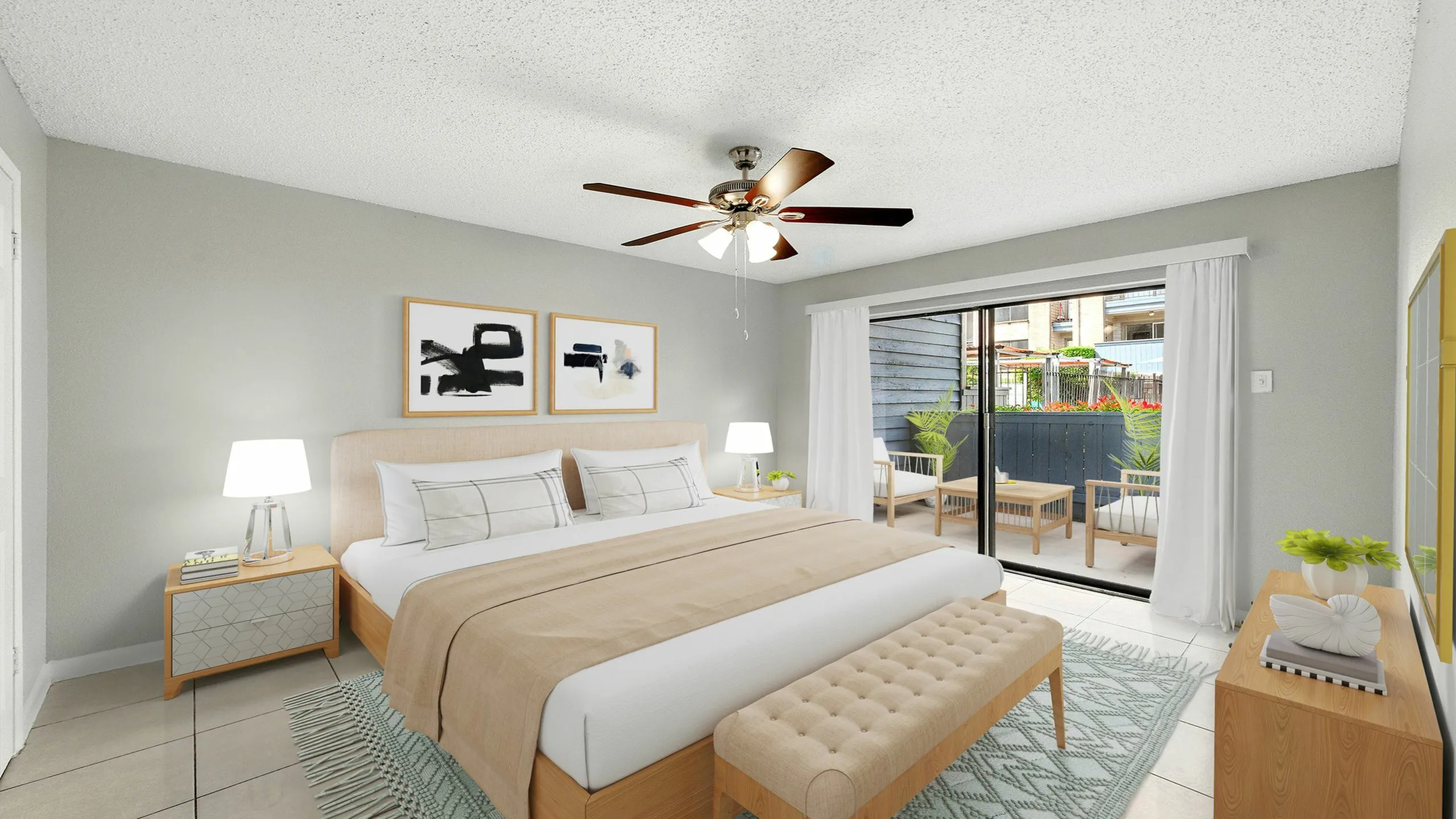 Chic bedroom with a plush king-size bed, stylish wooden furniture, and a private balcony view, perfect for relaxation.