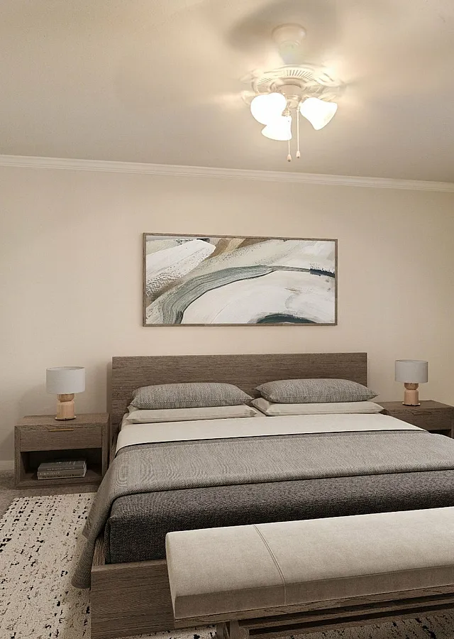 Inviting bedroom with elegant decor, featuring a cozy bed, modern nightstands, and a spacious walk-in closet. Natural light floods through large windows, enhancing the serene atmosphere.