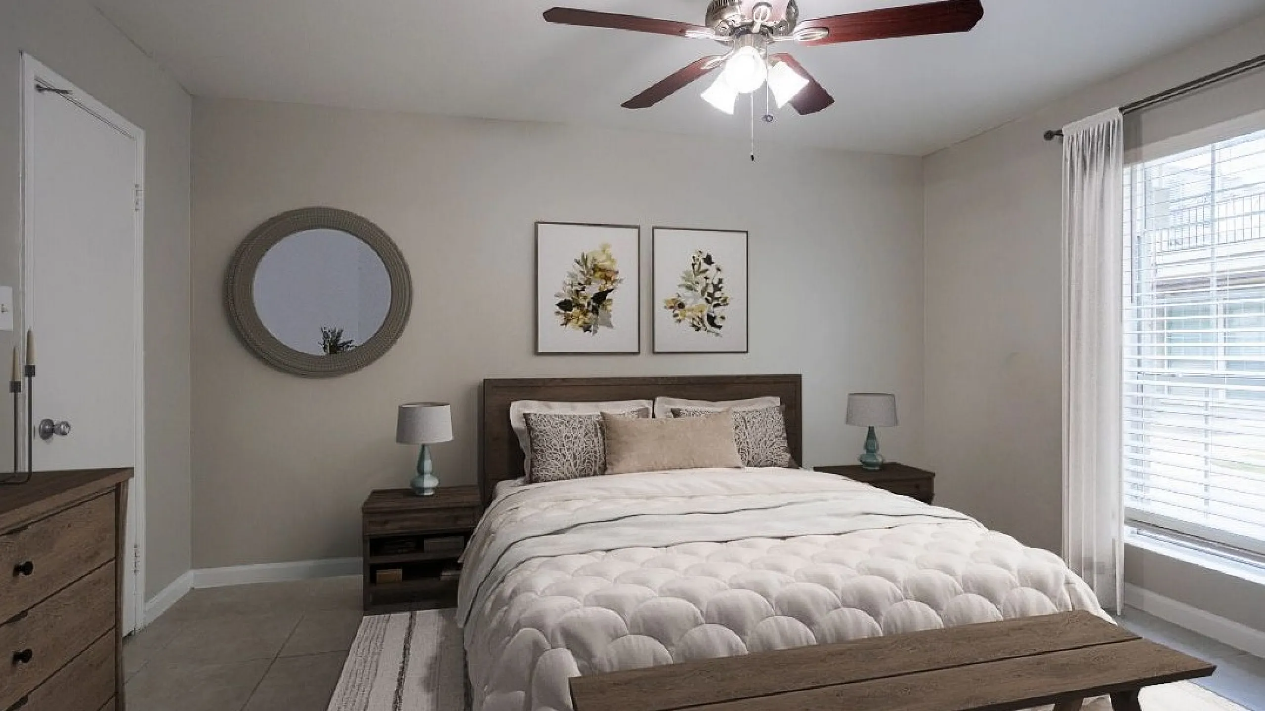 Charming bedroom with elegant decor, featuring a cozy bed, stylish wooden furniture, and large window for natural light.