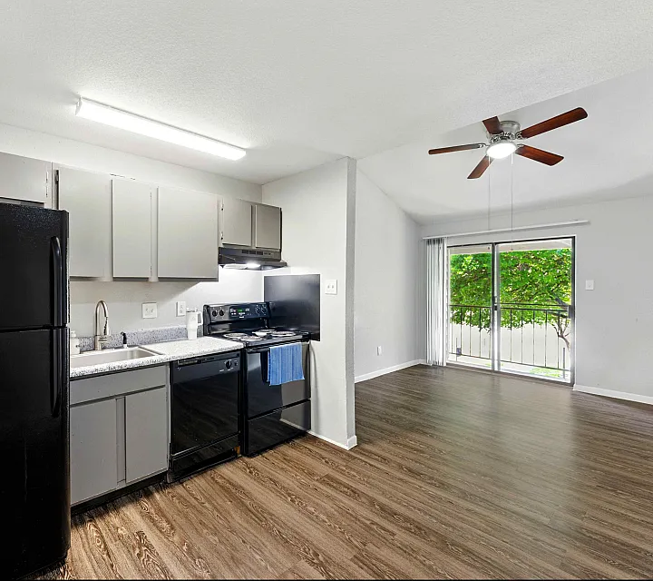 Modern kitchen with sleek black appliances and wooden flooring, adjacent to a bright living area with ceiling fan and large sliding glass doors opening to a lush outdoor view.