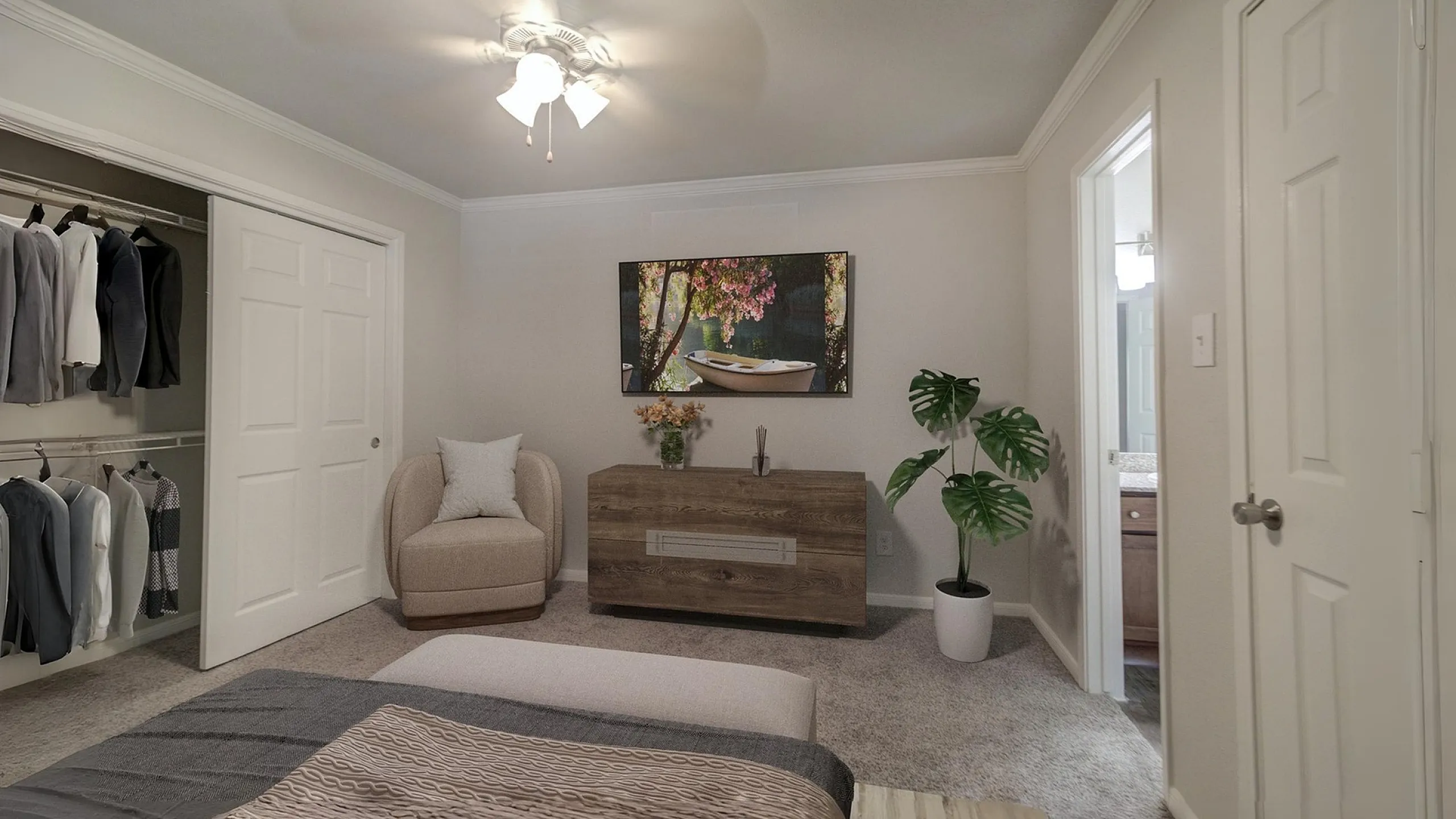 Elegant bedroom with plush carpeting, a cozy armchair, and a stylish wardrobe. Artful decor and vibrant potted plants enhance the serene ambiance.
