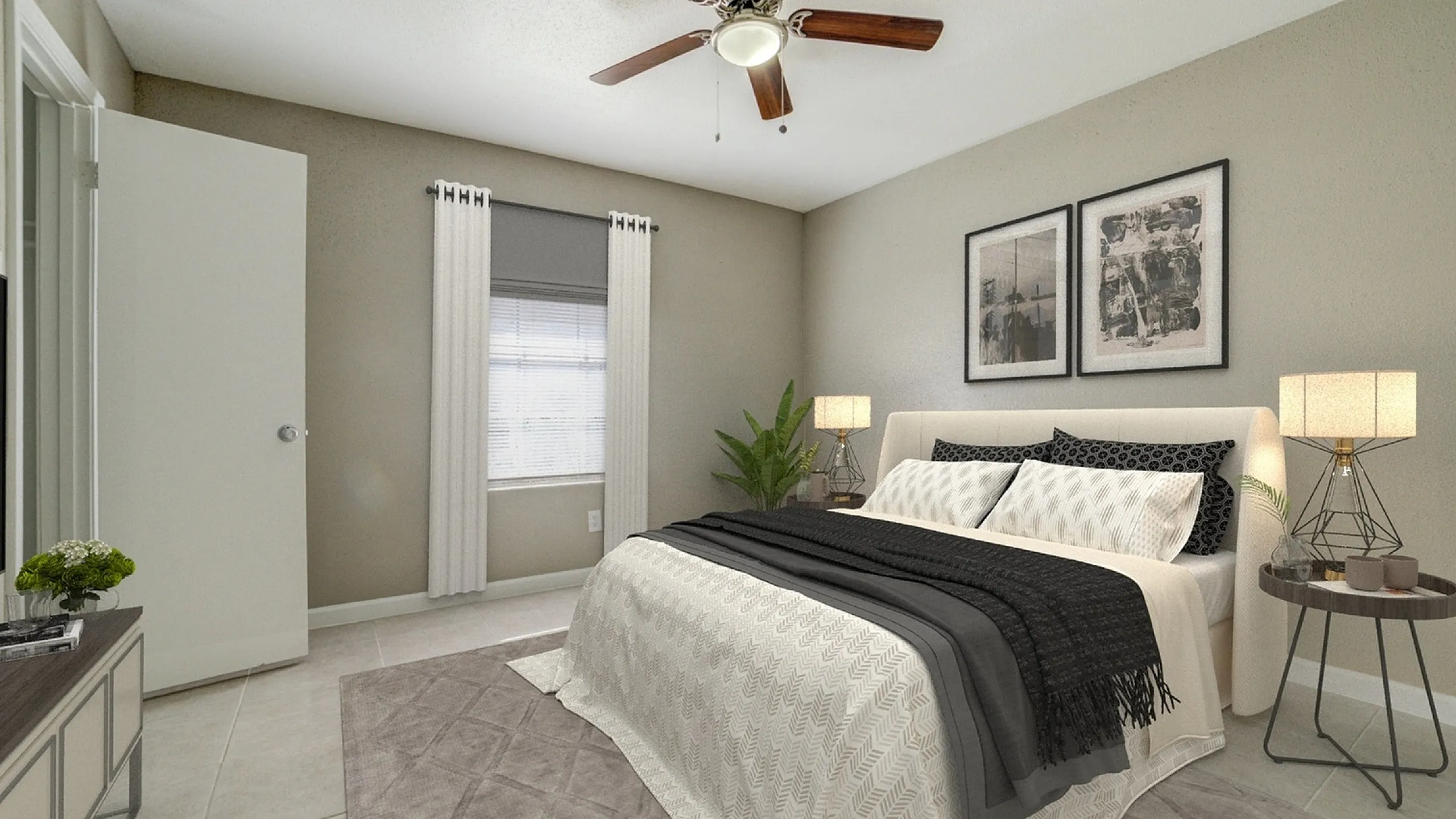 Inviting bedroom with stylish decor, featuring a comfy bed with elegant linens, modern ceiling fan, and ambient lighting.