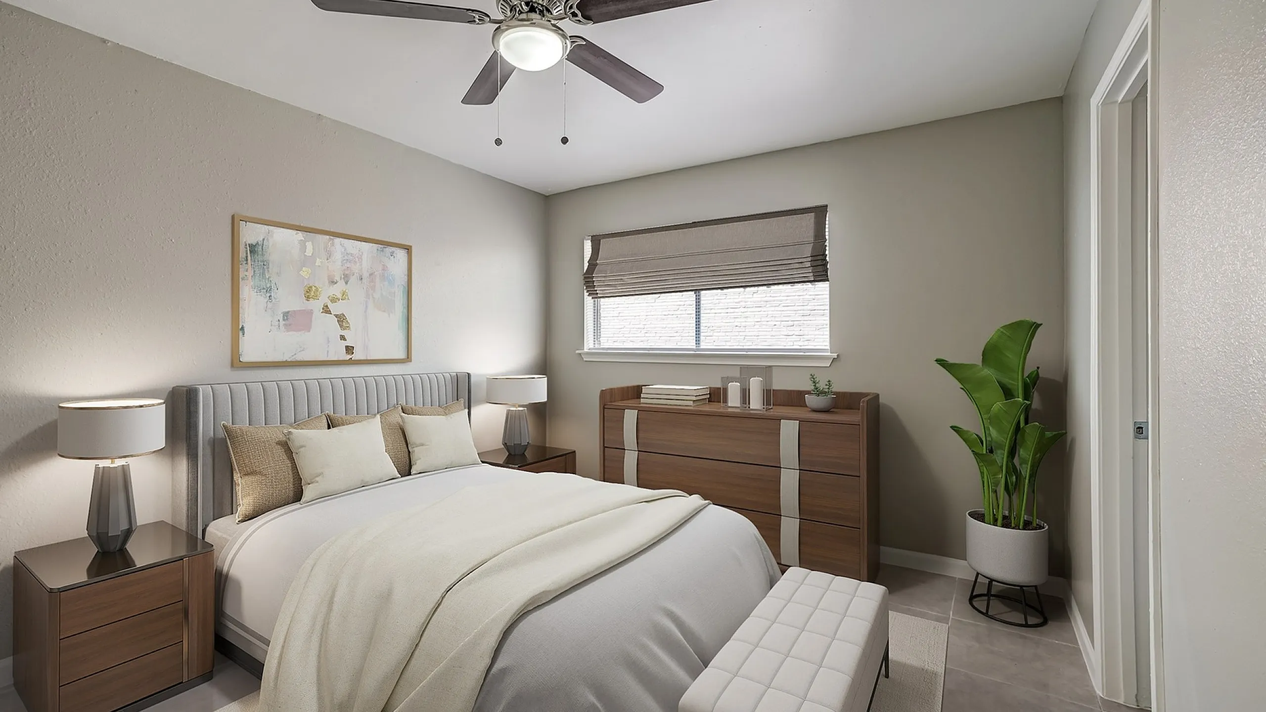 Elegant bedroom with a cozy bed, stylish decor, and modern furnishings, perfect for relaxation and comfort.