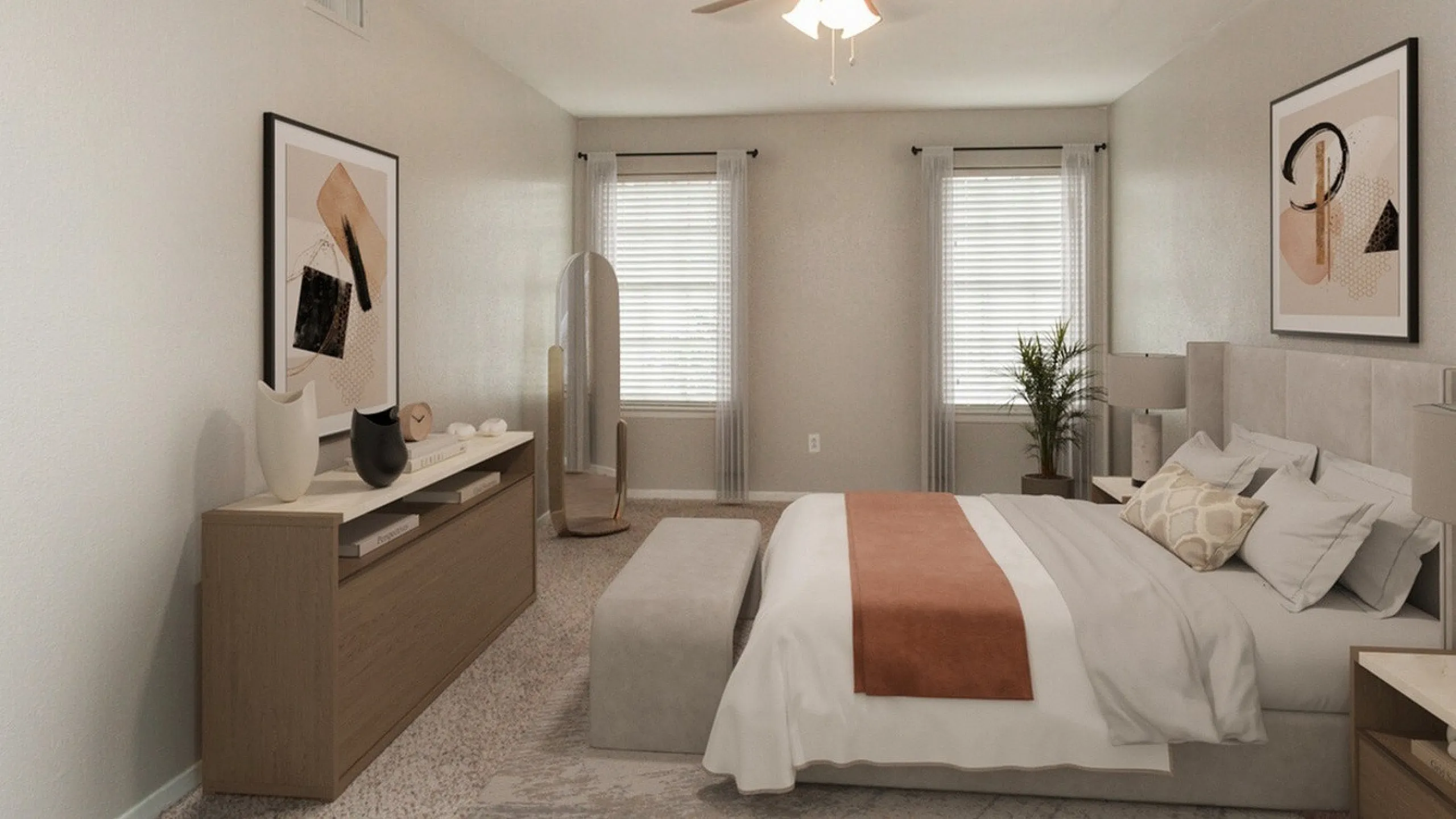 Elegant bedroom featuring a plush bed with modern decor, a stylish dresser, sleek ceiling fan, and natural light from two large windows.