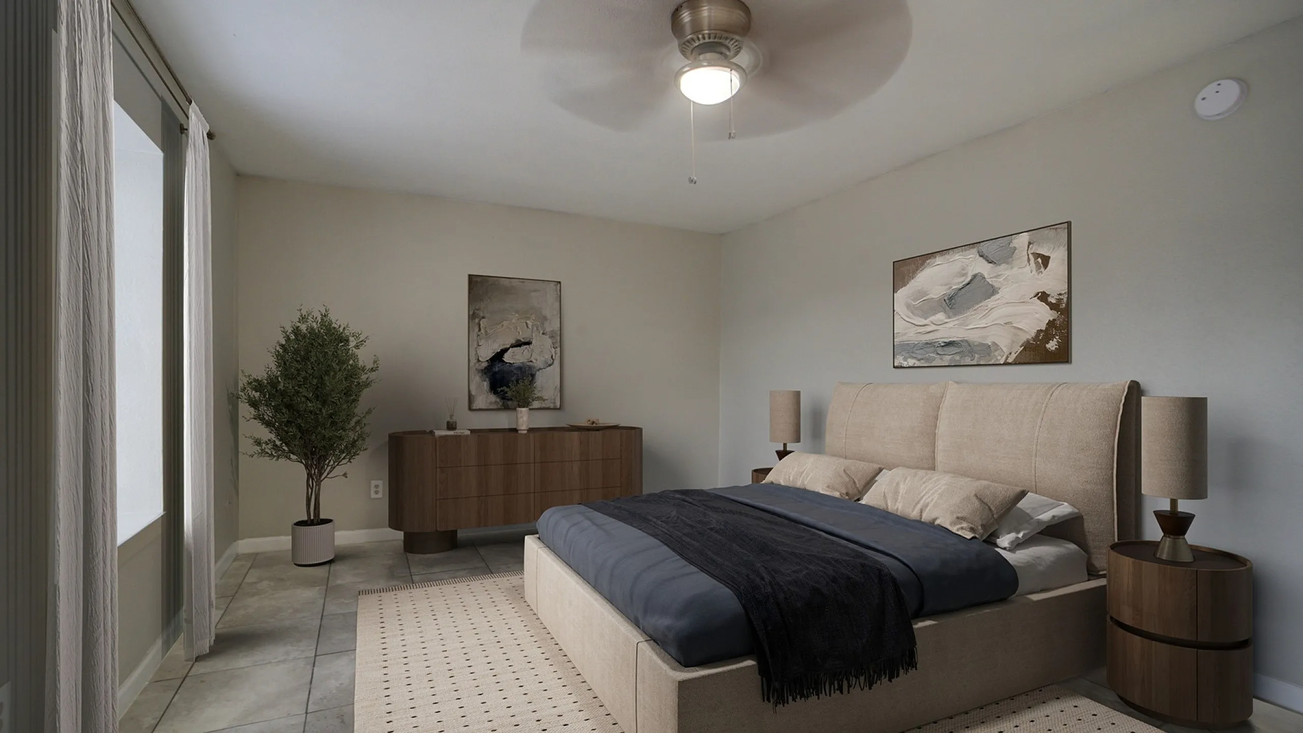 Elegant bedroom with modern decor, featuring a plush bed, stylish dresser, and soft ambient lighting, complemented by tasteful artwork and a cozy atmosphere.