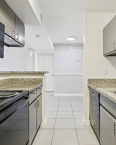 Modern kitchen with sleek black appliances, granite countertops, and abundant cabinet space, offering a stylish and functional cooking area.