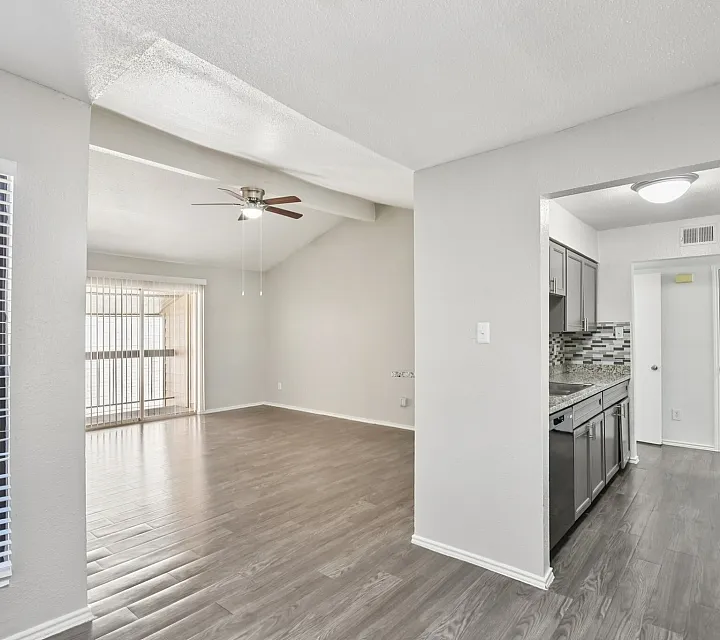 Bright and spacious living area with modern vinyl flooring, contemporary kitchen featuring sleek stainless steel appliances, and abundant natural light from large windows.