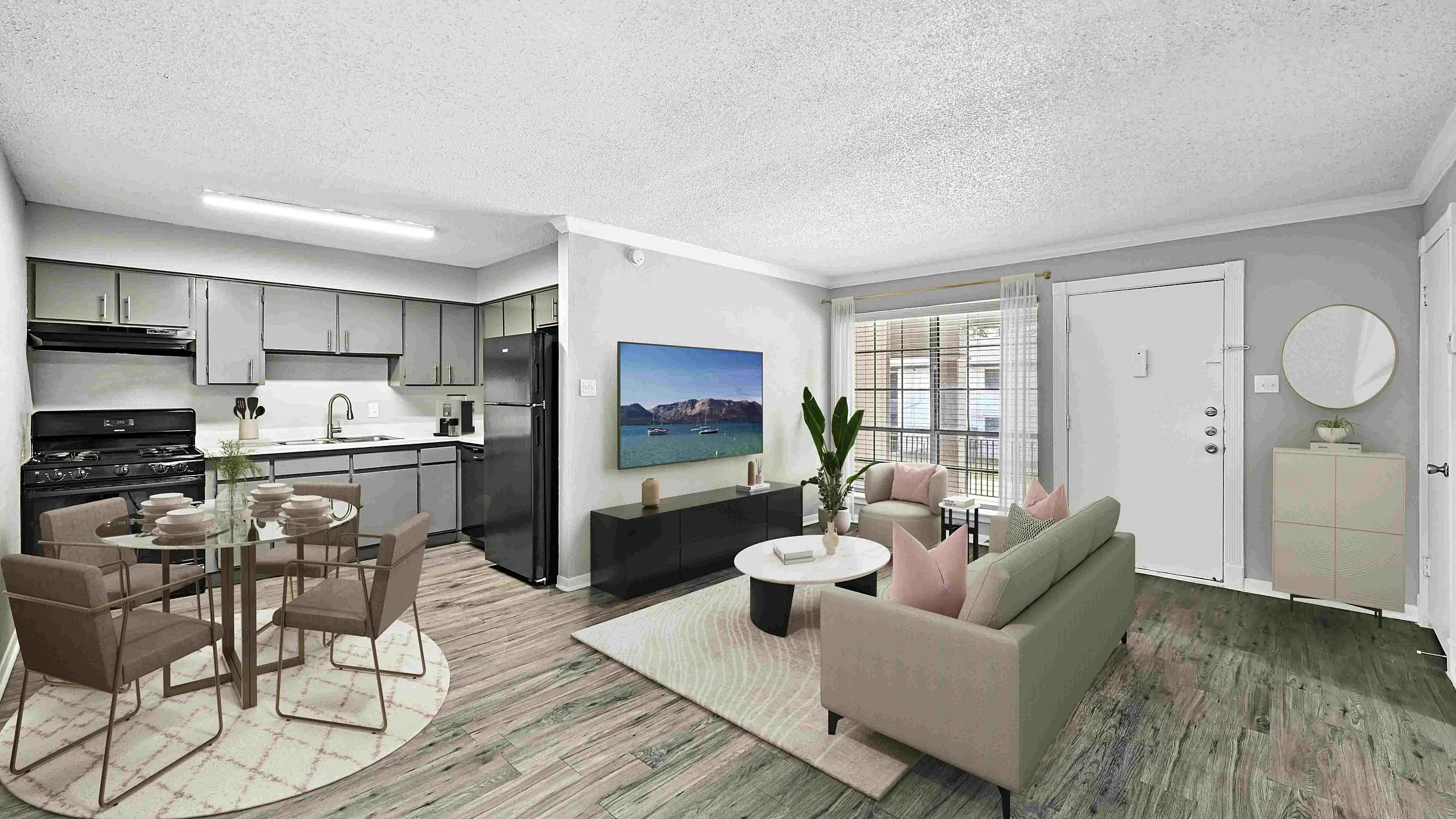 Modern open-concept living space featuring a stylish kitchen, cozy dining area, and a bright living room with abundant natural light.