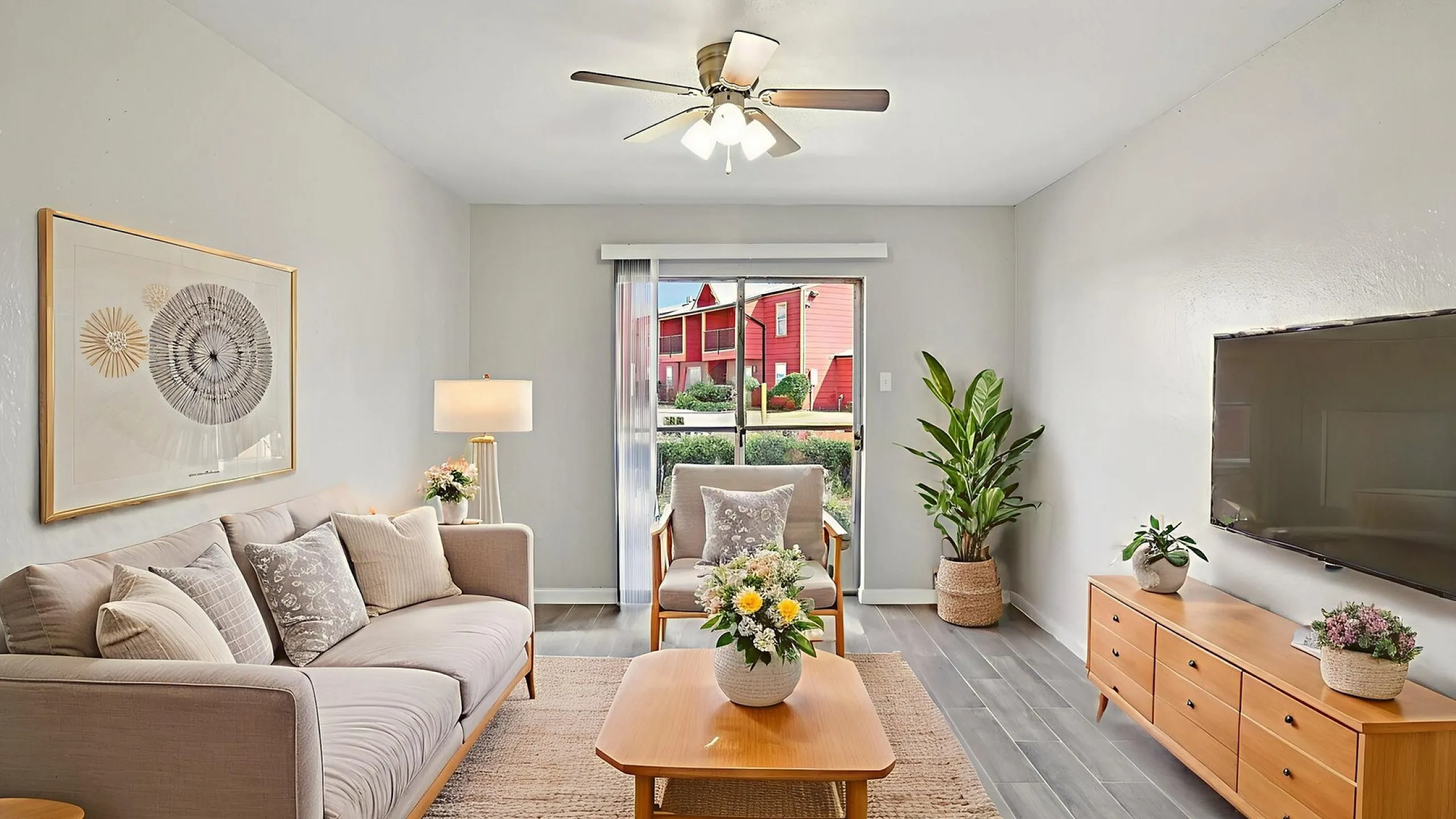 Bright and welcoming living room with modern decor, featuring a cozy sofa, a stylish coffee table, and a large flat-screen TV, enhanced by abundant natural light from a sliding glass door and vibrant greenery accents.