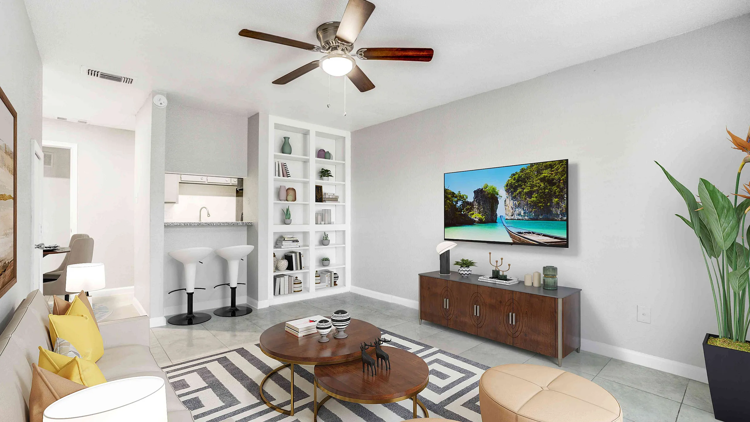 Chic modern living room with sleek furniture, cozy lounge area, and stylish decor, perfect for relaxation and entertainment.