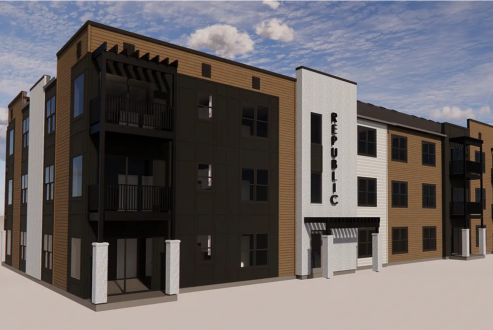 Modern apartment complex with sleek architectural design, featuring private balconies and a stylish 'Republic' sign, set under a vibrant sky.