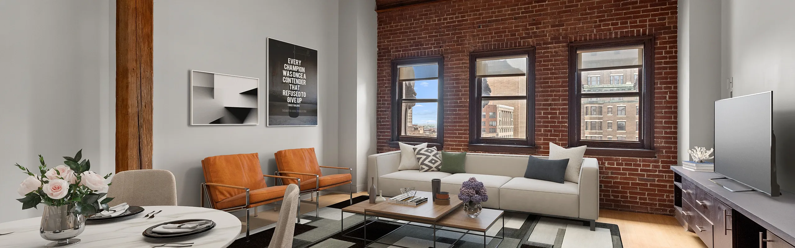 Chic industrial-style living room with exposed brick walls, wooden beams, modern decor, and a cozy seating area.