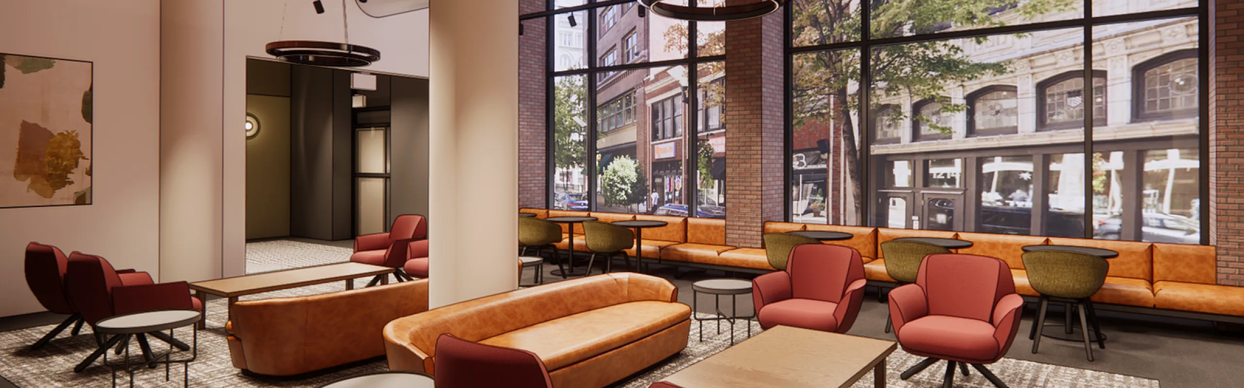 Contemporary lounge space with stylish seating, warm wooden ceiling, and large windows showcasing vibrant urban views.