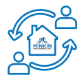Illustration featuring two figures exchanging around a central house with the Minkin Management logo, symbolizing real estate management and collaboration.