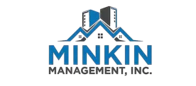 Sleek logo design for Minkin Management, Inc. featuring modern skyscrapers and stylized rooftops.