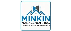 Elegant logo for Minkin Management, Inc. featuring a modern architectural design and highlighting the Garden Pool Apartments.