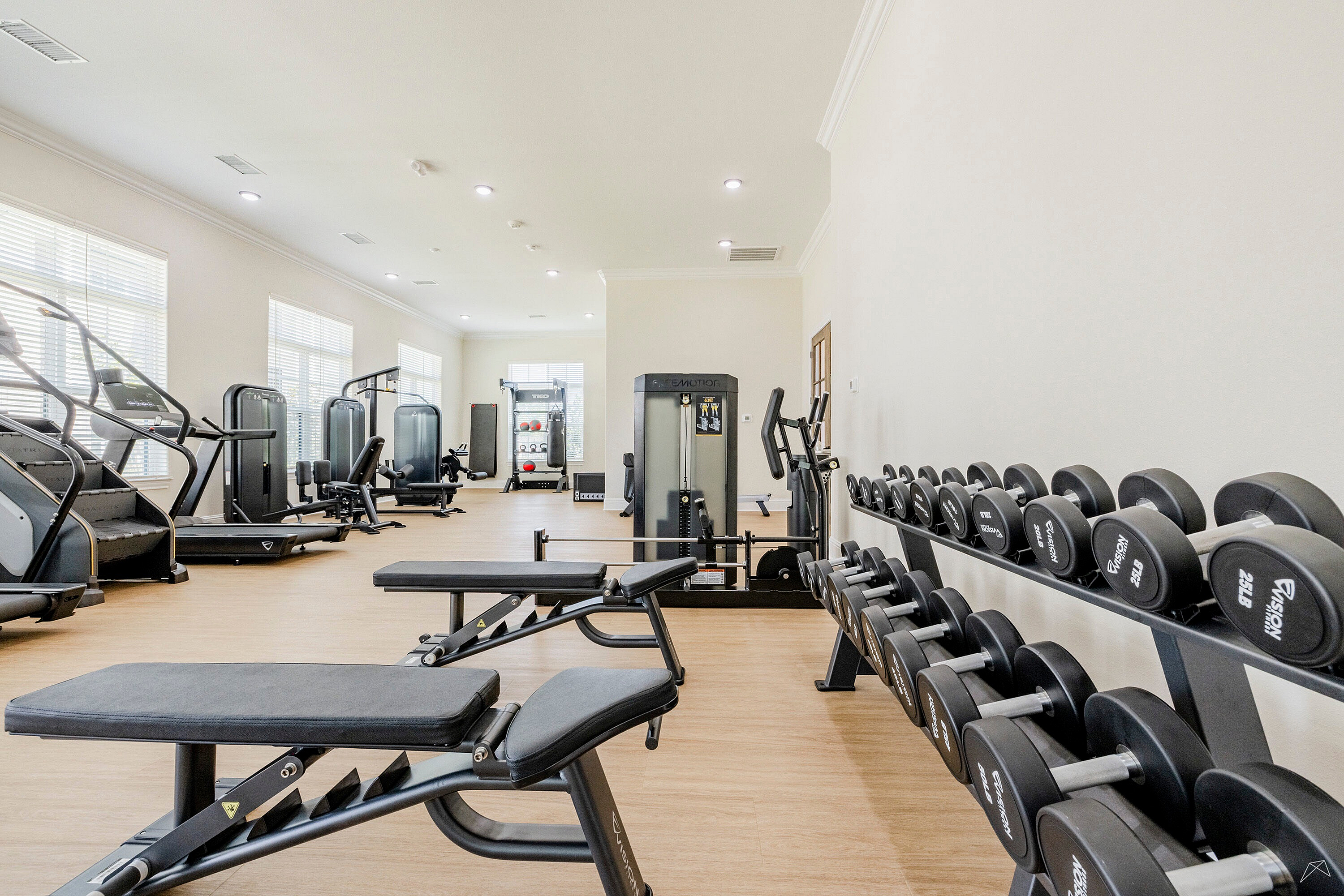 Modern fitness center with state-of-the-art equipment, including treadmills, weight machines, and free weights, bathed in natural light for an energizing workout environment.