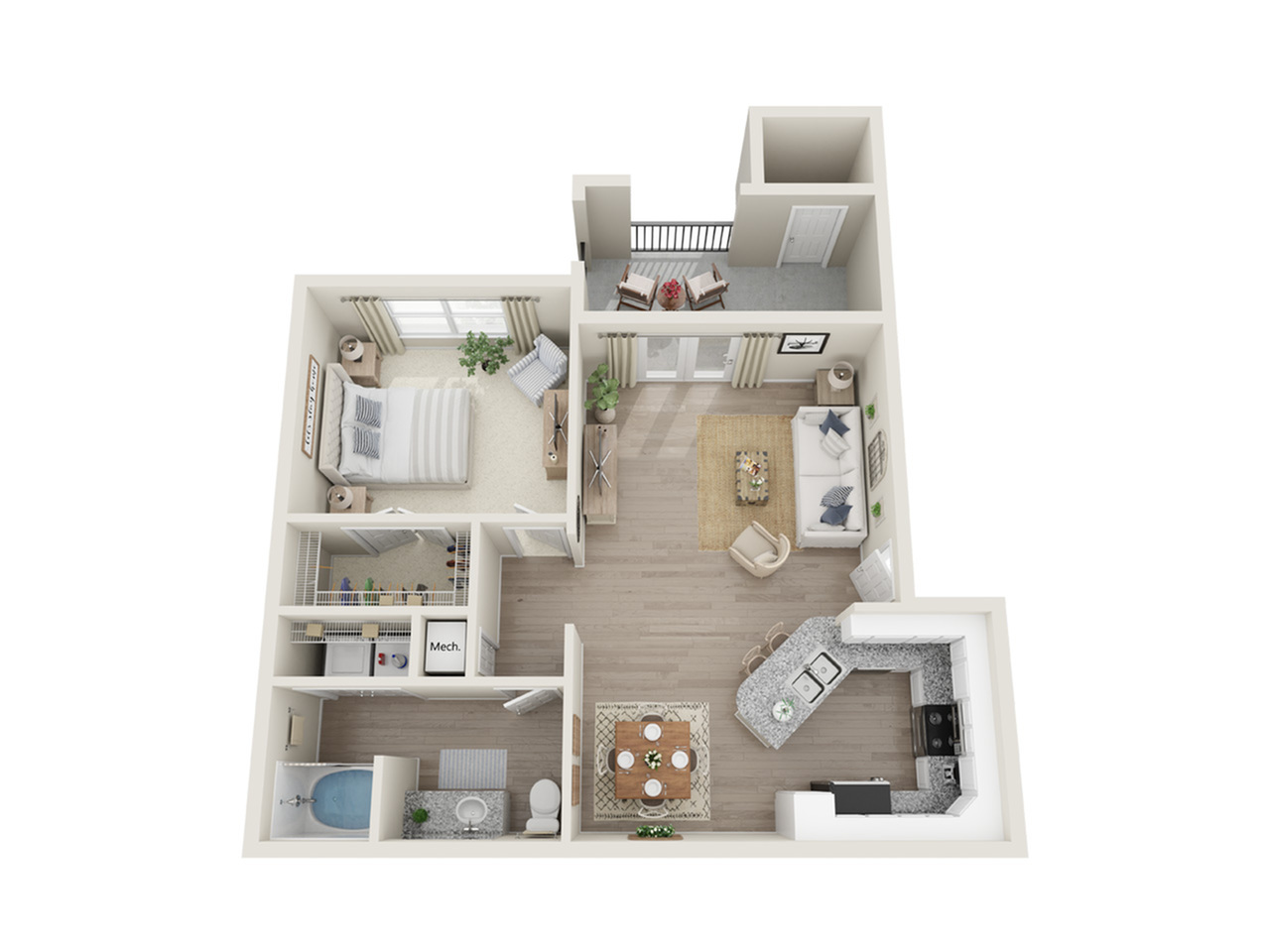 Modern 3D floor plan showcasing a spacious one-bedroom apartment with open-concept living room and cozy balcony. Includes sleek kitchen and elegant bathroom design.