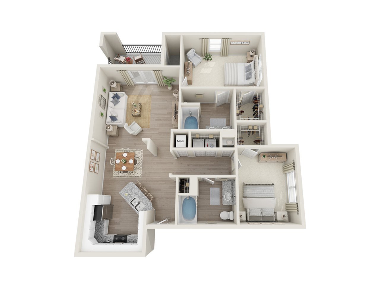 Contemporary 3D floor plan showcasing two spacious bedrooms, a cozy living area, and a modern kitchen, perfectly designed for comfort and functionality.