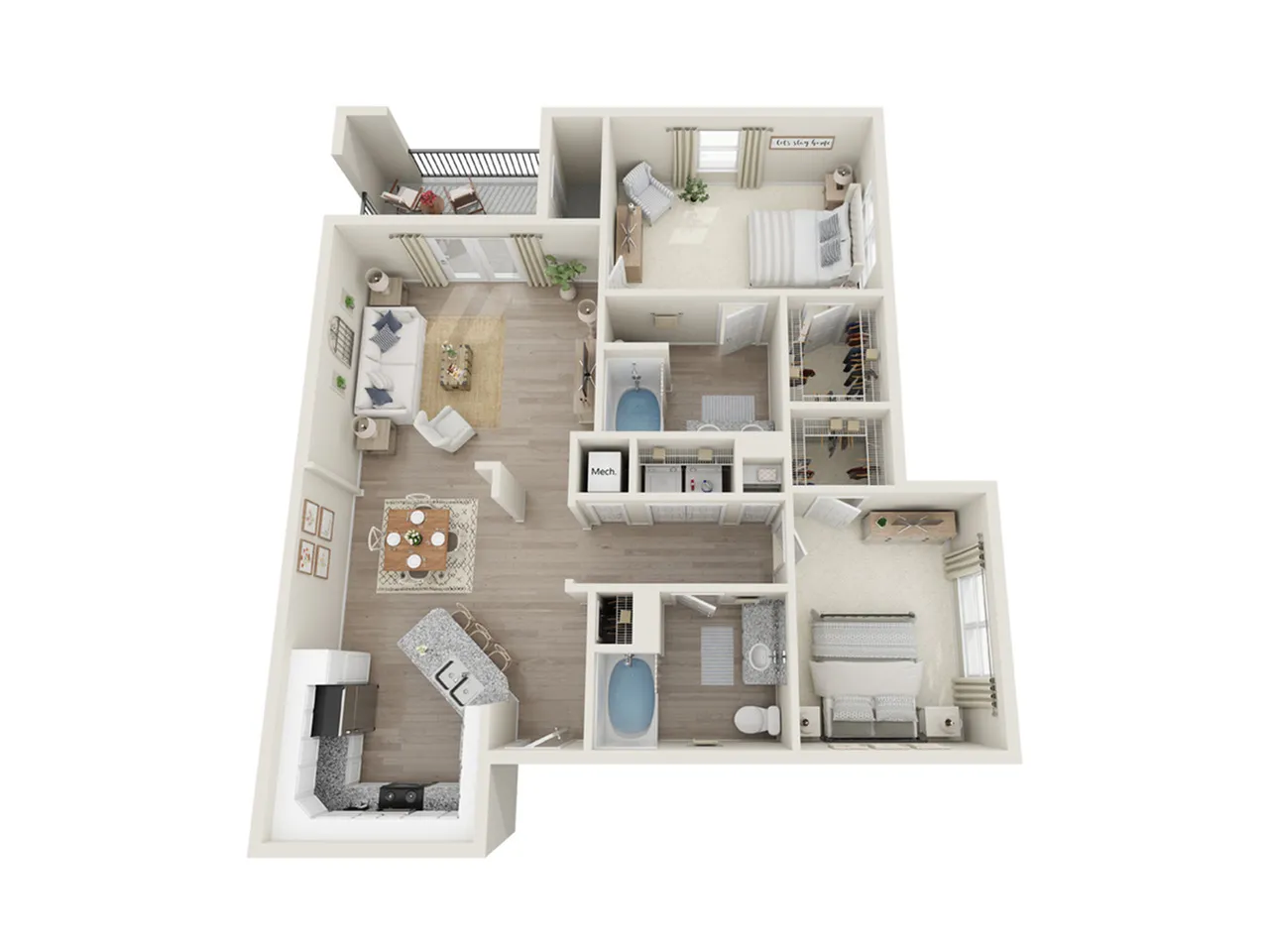 Chic 3D floor plan showcasing 2 bedrooms, 2 modern bathrooms, open-concept kitchen with island, and cozy living area with balcony access.