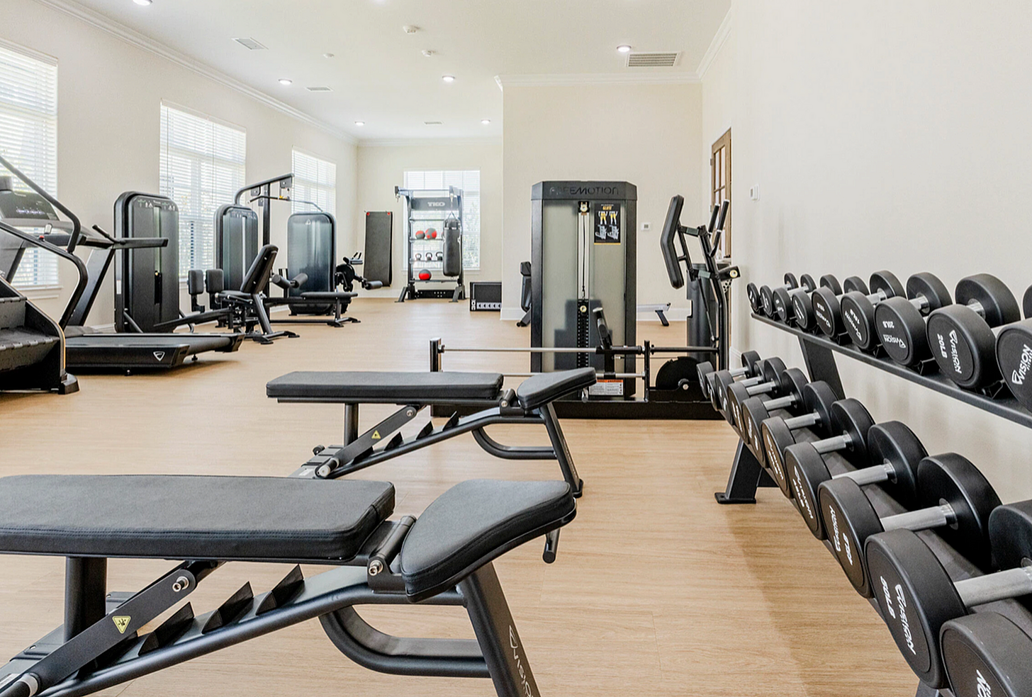 Modern fitness center featuring an array of exercise equipment, including treadmills, weight machines, and free weights in a bright, spacious setting.