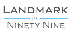 Logo of Landmark at Ninety Nine with contemporary font and blue accent line.