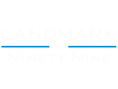 Elegant Landmark at Ninety Nine logo featuring sleek, bold typography and a stylish blue underline.