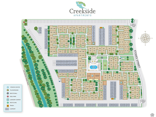 Creekside Apartments site map featuring amenities like fitness center, playground, bocce ball court, dog park, and pool.