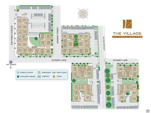 Interactive map of The Village at Town Center showing layout of buildings, parking, and amenities.