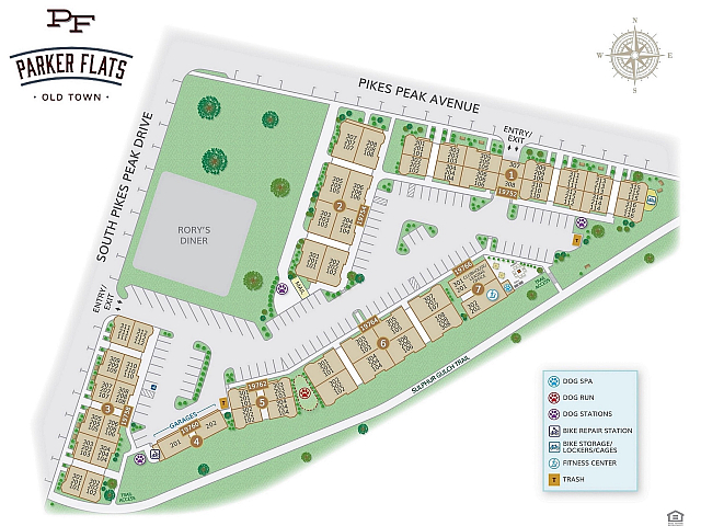 Site map of Parker Flats in Old Town showing apartment buildings, amenities, and parking layout.