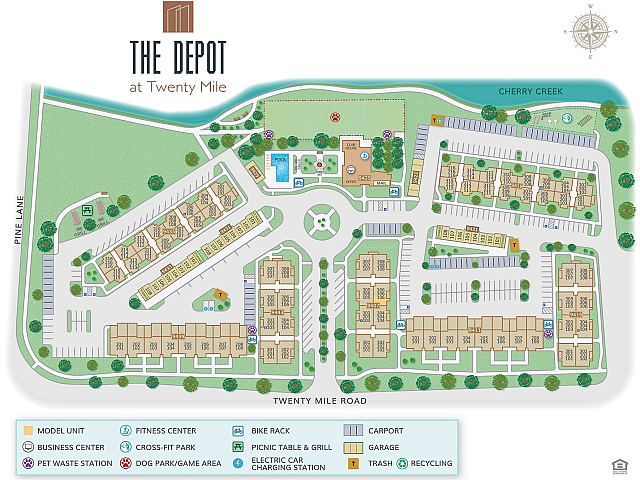 The Depot at Twenty Mile site map with amenities like pool, fitness center, and dog park.
