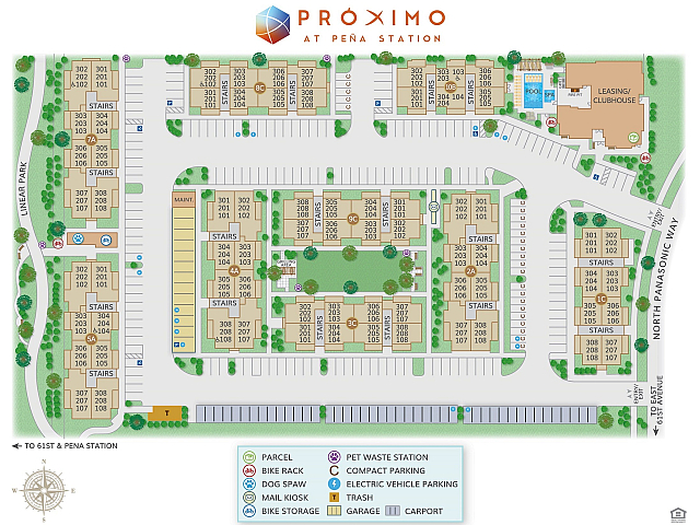 Map of Proximo at Peña Station community featuring apartment layouts, amenities, and parking.