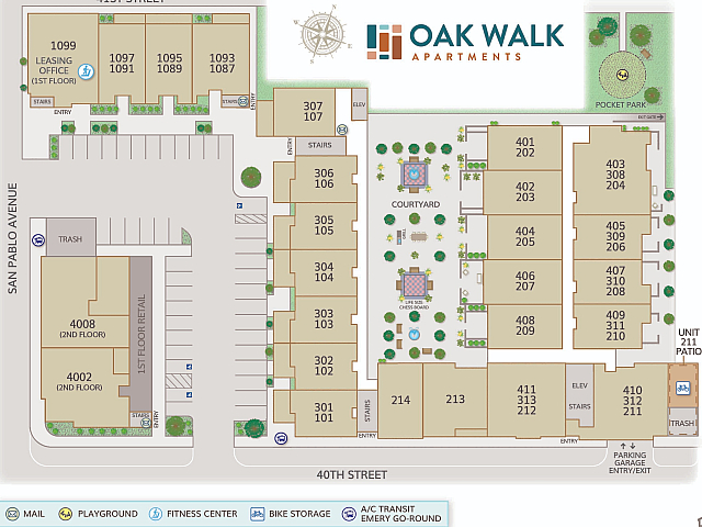 Oak Walk Apartments floor plan showing layout, courtyard, and amenities.