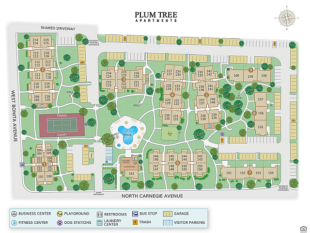 Plum Tree Apartments site map showcasing apartment buildings, pool, tennis court, and various amenities.