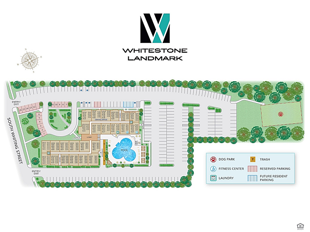 Whitestone Landmark site plan featuring residential units, pool, parking, and amenities.