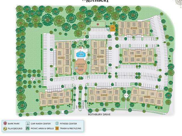 Rothbury apartment complex map with amenities and parking layout