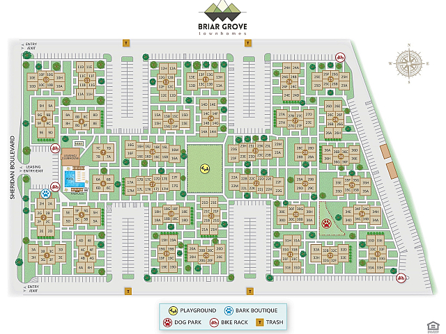 Briar Grove Townhomes site map showcasing apartment layout with amenities including pool, leasing office, playground, and dog park.