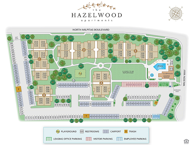 Site map of Hazelwood Apartments showing building layout, pool, clubhouse, playground, parking areas, and street access.