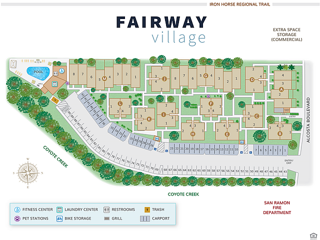 Fairway Village apartment complex layout featuring multiple buildings, pool, fitness center, and landscaped walkways.