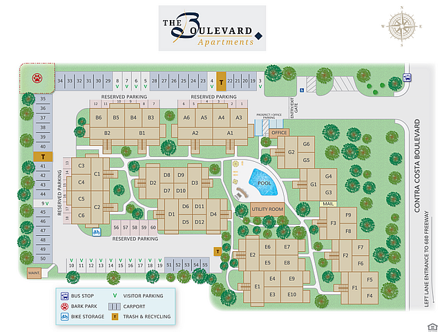 Detailed map of The Boulevard Apartments showcasing building layouts, parking, and amenities like pool and utility room.