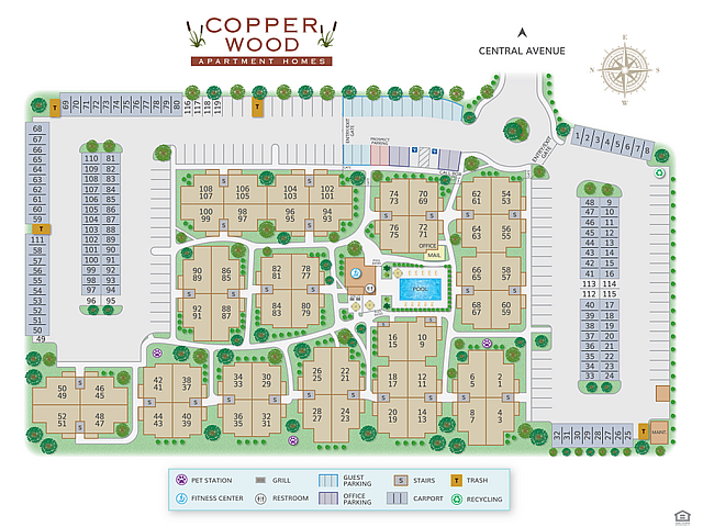 Copperwood Apartment Homes site map showcasing residential units, pool, parking, and amenities.