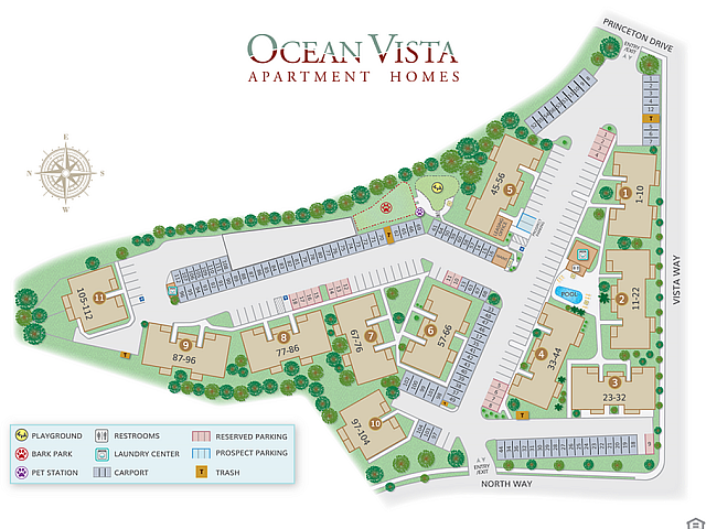 Ocean Vista Apartment Homes site map with playground, pool, parking, and amenities.