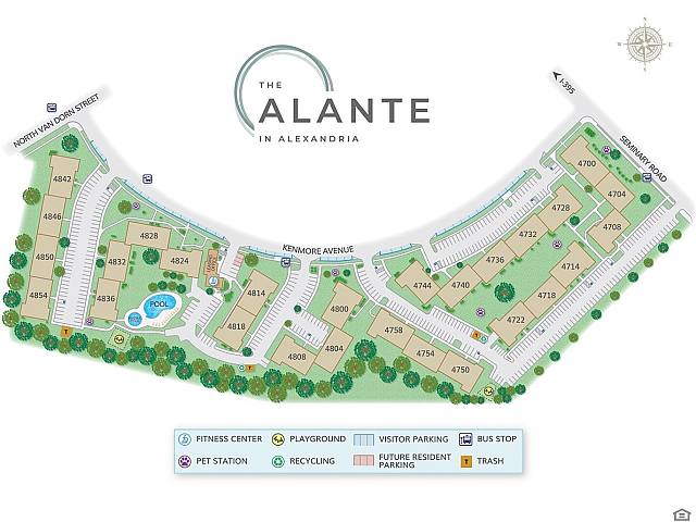 The Alante in Alexandria site map featuring residential buildings, pool, and amenities.