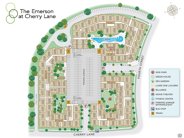 Emerson at Cherry Lane site map featuring apartment layout with amenities including pool, zen garden, and fitness center.