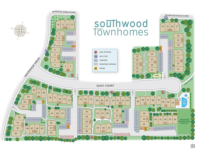 Detailed layout of Southwood Townhomes showcasing residential units, pathways, and outdoor facilities.