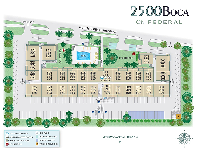 Floor plan of 2500 Boca on Federal with pool, courtyard, and parking layouts.