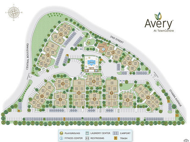 Site map of Avery at TownCentre displaying apartment buildings, pool, fitness center, and green spaces.